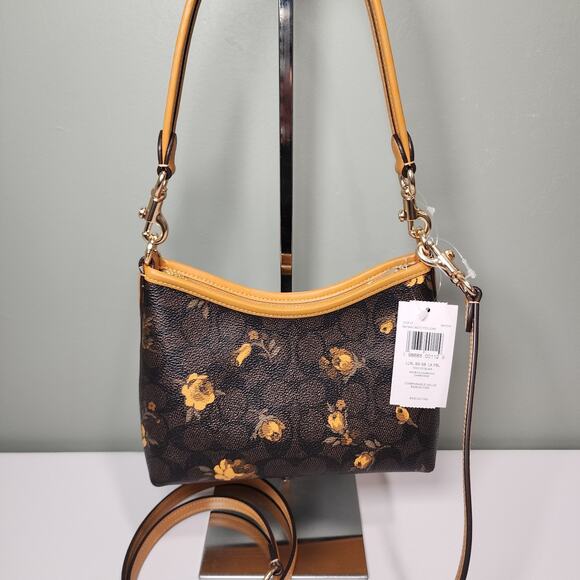 NWT Coach CCF17 Laurel Small Shoulder Signature Canvas Floral Walnut/Yellow V3 - Picture 3 of 5